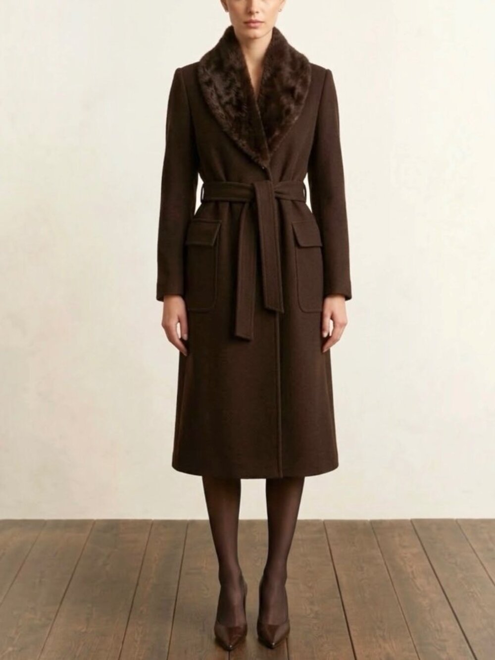 Vtg United Colors of Benetton Brown Wool Coat 46 L Belted Fur Collar Italian